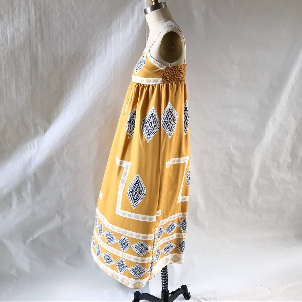 Maxi Sundress Silky Tribal Geometric Print Deep Yellow Mustard Size Medium